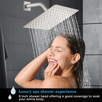Brushed Nickel Shower Faucet Set, 8 Inch Rain Shower System with Valve | Complete Rain Shower Set with Valve, Single Handle Wall Mount Design