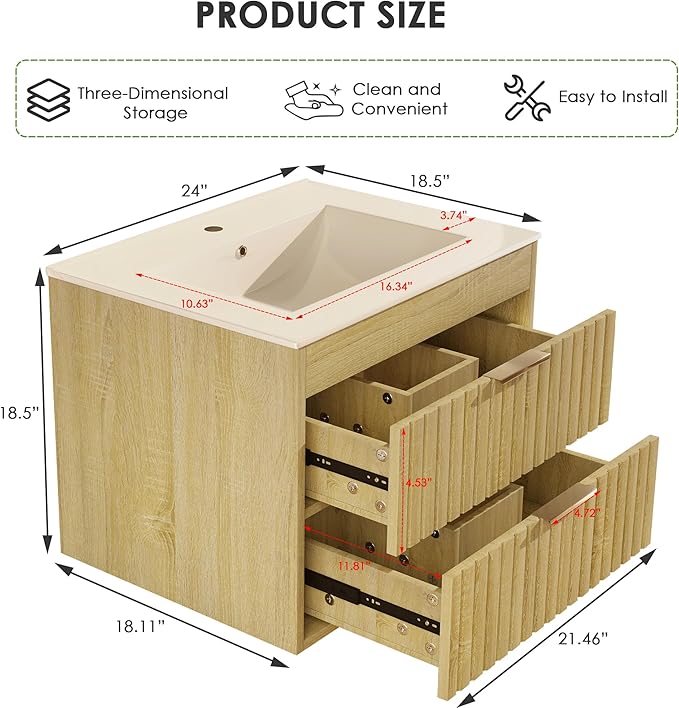 24" Bathroom Vanity with Sink, Floating Bathroom Vanity with 2 Fluted Drawers & Metal Handle, Wall Mounted Cabinets with Integrated Ceramic Sink for Apartment, Home, Wood Grain