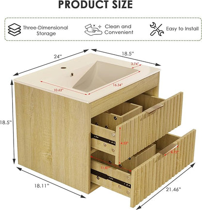 24" Bathroom Vanity with Sink, Floating Bathroom Vanity with 2 Fluted Drawers & Metal Handle, Wall Mounted Cabinets with Integrated Ceramic Sink for Apartment, Home, Wood Grain