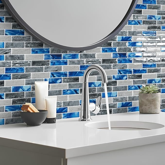 DEWOO Peel and Stick Backsplash 3D Self Adhesive Wall Tile Blue 10 Sheet | Sticky,Vinyl,Rental friendly,Marble,for Kitchen,Bathroom,12"x12"