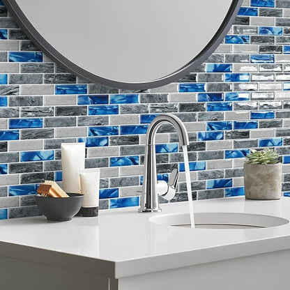 DEWOO Peel and Stick Backsplash 3D Self Adhesive Wall Tile Blue 10 Sheet | Sticky,Vinyl,Rental friendly,Marble,for Kitchen,Bathroom,12"x12"