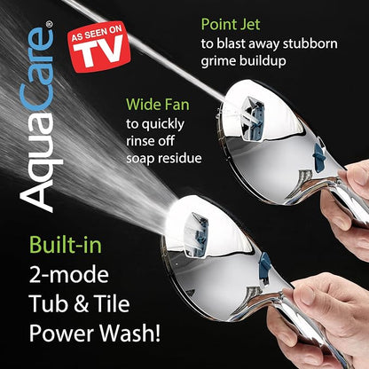 AquaCare New 8-mode High Pressure Handheld Shower Head w/ 2-way Power Wash | Stay Clean Nozzles, Dual Power Wash for Tub, Tile & Pets, Long 6 ft. Stainless Steel Hose, Wall & Overhead Brackets / Chrome