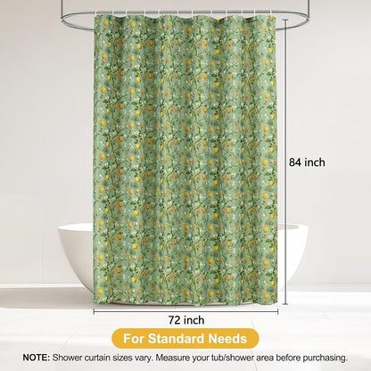 Green Floral Bird Shower Curtain 72x84, Hummingbird and Lemon Botanical Fabric Bath Curtains, Lightweight Quick-Dry Bathroom Decor Set with Hooks