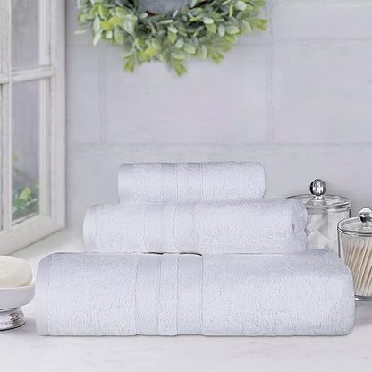 Superior Ultra-Soft 3-Piece Cotton Towel Set, Daily Use for Bathroom, Guest Room, Quick Dry, Set Includes 1 Bath Towel, 1 Hand Towel and 1 Washcloth, Essential Plush Towels for Home, White