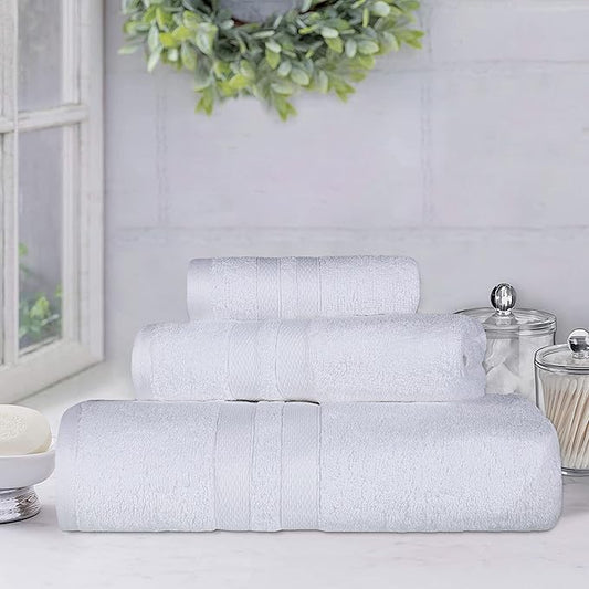 Superior Ultra-Soft 3-Piece Cotton Towel Set, Daily Use for Bathroom, Guest Room, Quick Dry, Set Includes 1 Bath Towel, 1 Hand Towel and 1 Washcloth, Essential Plush Towels for Home, White