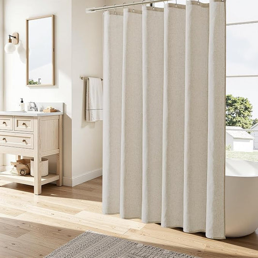 Extra Long Linen Shower Curtain 96 Inch Long for Bathroom Boho Farmhouse Fabric Shower Curtains Set with Hooks Neutral Cloth Modern Cottage Core Waterproof,Vanilla