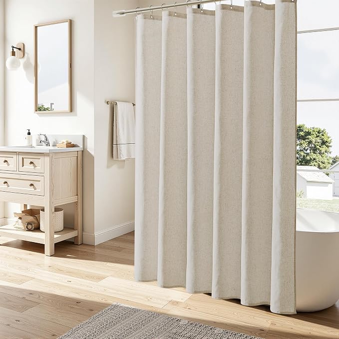 Linen Shower Curtain 72 Inch Long for Bathroom Boho Farmhouse Fabric Shower Curtains Set with Hooks Neutral Cloth Modern Cottage Core Waterproof 72x72,Vanilla