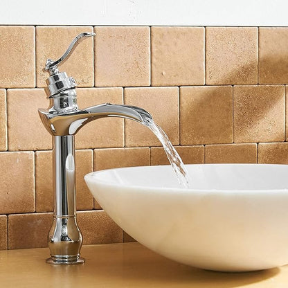 BWE Chrome Vessel Sink Faucet Waterfall with Pop Up Drain Assembly and Supply Hose Single-Handle Single Hole Bathroom Faucet Lavatory Mixer Tap Tall Body