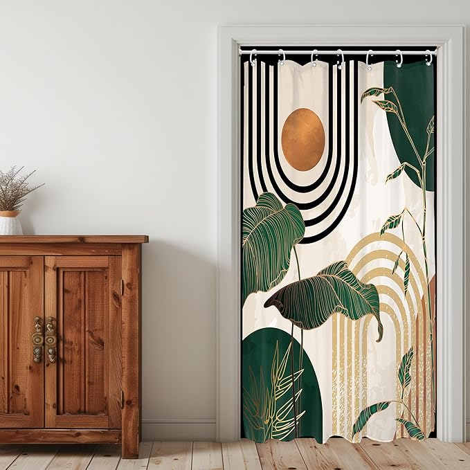Glawry Small Stall Green 36Wx72L Inches Boho Mid Century Shower Curtain Abstract Retro Tropical Palm Tree Plant Sun Arch Minimalist Bathroom Modern Bath Accessories Art Home Decor Fabric 7 Pack Hooks