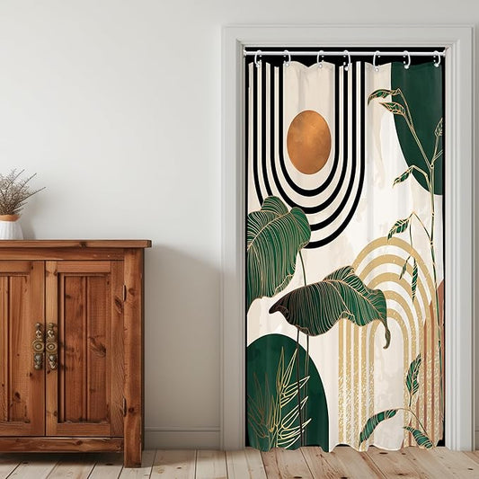 Glawry Small Stall Green 36Wx72L Inches Boho Mid Century Shower Curtain Abstract Retro Tropical Palm Tree Plant Sun Arch Minimalist Bathroom Modern Bath Accessories Art Home Decor Fabric 7 Pack Hooks