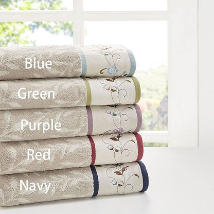 Madison Park Serene 100% Cotton Bath Towel Set Luxurious Floral Decorative Towels for Bathroom Embroidered Cotton Jacquard Design Soft Highly Absorbent for Shower 600 GSM, Multi-Sizes, Navy 6 Piece | Luxurious Floral Decorative Towels for Bathroom, Emb...