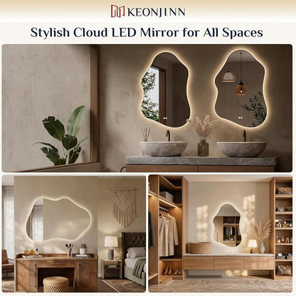 Keonjinn Irregular Backlit Bathroom Mirror 40 x 24 Inch, HD Tempered Glass | Asymmetrical Cloud LED Bathroom Mirror, 3000K/4500K/6000K, Dimmable, Fast & Safe Defog, Memory Function, Horizontal/Vertical