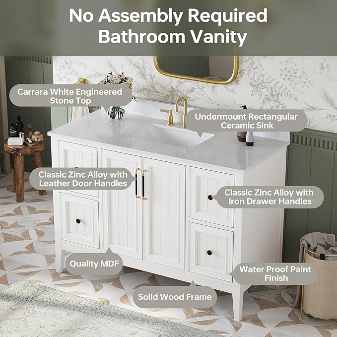 48 Inch Bathroom Vanity with Sink, Fully Assembled Solid Wood Bathroom Vanities with Engineered Stone Top, 48 Inch Modern Vanity, 2 Soft Closing Doors & 4 Dovetail Drawers, White