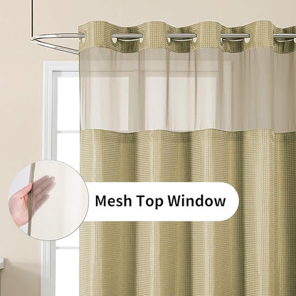 Colorful Star Beige No Hook Waffle Shower Curtain Set, 72" W x 75" L | Snap-In Fabric Liner, Mesh Top Window, Heavy-Duty Waffle Fabric, Waterproof Hotel Style Shower Curtain for Bathroom