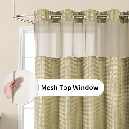 Colorful Star Beige No Hook Waffle Shower Curtain Set, 36" W x 75" L | Snap-In Fabric Liner, Mesh Top Window, Heavy-Duty Waffle Fabric, Waterproof Hotel Style Shower Curtain for Bathroom