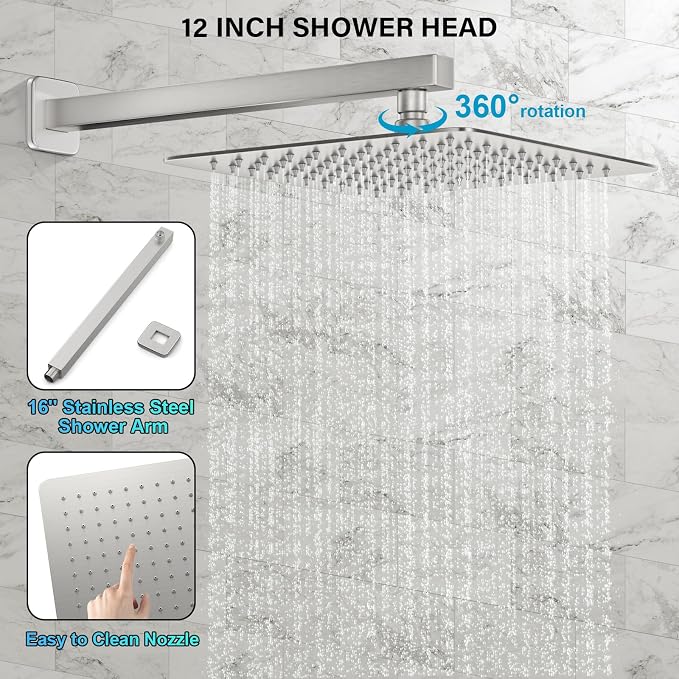 FPXRNG Shower Faucet Set Rainfall Shower System with Square Shower Head and Handle Set Rough-in Valve and Metal Trim Kit Included Brushed Nickel 12 Inch Wall Mounted Shower Fixtures