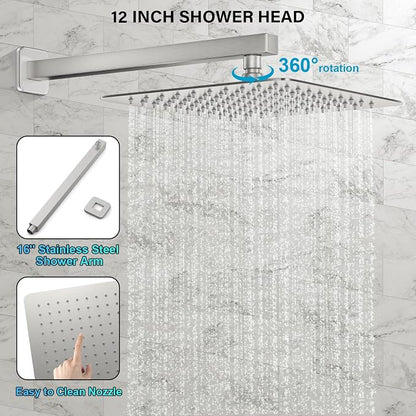 FPXRNG Shower Faucet Set Rainfall Shower System with Square Shower Head and Handle Set Rough-in Valve and Metal Trim Kit Included Brushed Nickel 12 Inch Wall Mounted Shower Fixtures