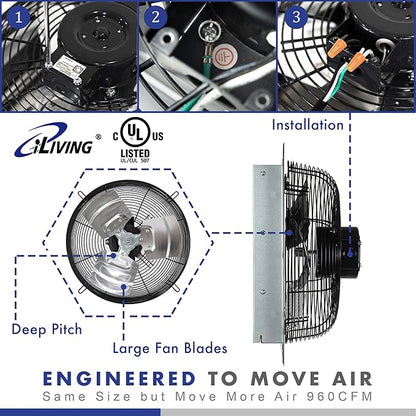 iLiving 18" & 12" Wall Mounted Exhaust Fans, Automatic Shutter, Thermostat & Variable Speed