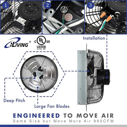 iLiving 18" & 12" Wall Mounted Exhaust Fans, Automatic Shutter, Thermostat & Variable Speed