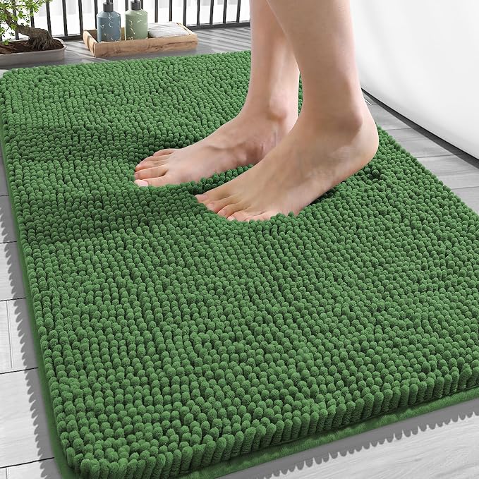 OLANLY Bathroom Rugs 34x21, Extra Soft Absorbent Chenille Bath Rugs | Olive Green, Quick-Drying Rubber Backing, Washable Bath Mat for Bathroom Floor, Tub and Shower, Home Decor Accessories