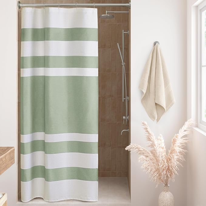 Madison Park Spa Waffle Weave Stall Shower Curtain, 36 x 72, Sage Green | Striped, Pieced Fabric Design, 3M Scotchgard Moisture Management, Hotel Quality, Modern, for Bathroom, OEKO-TEX Certified