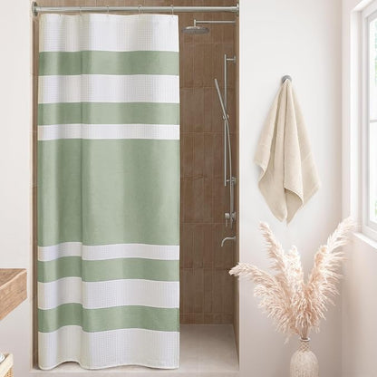 Madison Park Spa Waffle Weave Stall Shower Curtain, 36 x 72, Sage Green | Striped, Pieced Fabric Design, 3M Scotchgard Moisture Management, Hotel Quality, Modern, for Bathroom, OEKO-TEX Certified