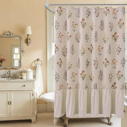 ORTIGIA Linen Textured Ruffle Shower Curtain with Metal Hooks, Vintage Boho Farmhouse Floral Linen Cottagecore Shower Curtain Bathroom Waterproof 72x72 Inch