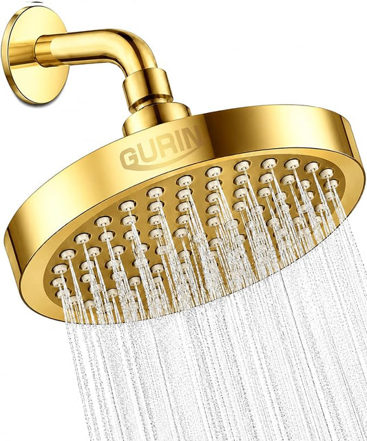 Shower Head - Luxury Gold Plated Finish - Rain Showerhead 6 Inch | High Pressure Shower Heads with Adjustable Angles, 90 Anti-Clog Nozzles, Tool-Free 1-Min Install
