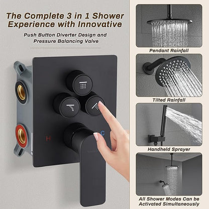 Rain Shower System Matte Black - 3-Function Shower Set, Ceiling & Wall Mount Combo with High-Pressure 2-in-1 Handheld, 30-Minute Easy DIY Install