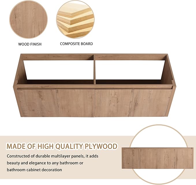 60 Inch Bathroom Vanity Without Sink, 60" Floating Vanity Without Top, Modern Wall Mounted Cabinet for Large Space, Large Bathroom Storage Cabinet with 4 Soft-Closing Doors and Hidden Handles