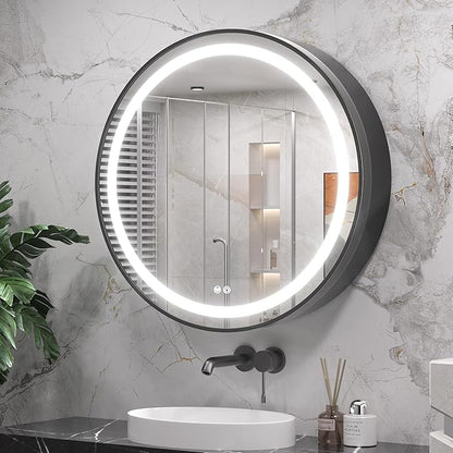 Keonjinn 28 Inch Round Lighted Medicine Cabinet, Black LED Medicine Cabinet Mirror, Circle, Electrical Outlet, 3 Color Lights, Anti-Fog, Dimmable, Surface Mount Only