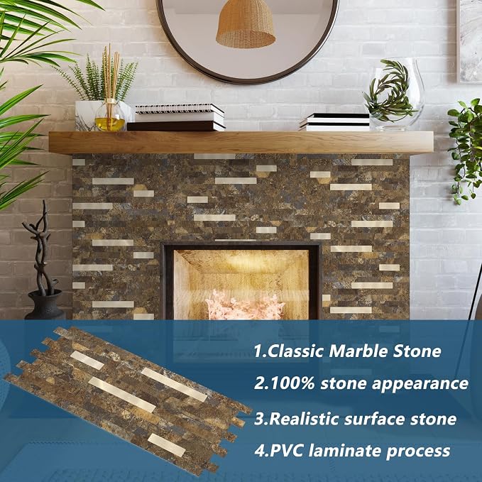 Yipscazo 2 Sheets Peel and Stick Stone Metal Backsplash, PVC Wall Tiles Stick on Tiles for Backsplash Kitchen, Bathroom, Fireplace (6'' X 12'', Rustic)