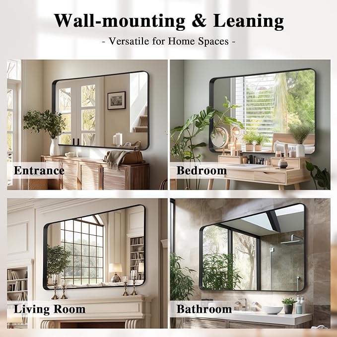 Anpark Wall Mirror 30" x 48" for Bathroom Black Metal Deep Frame Mirror for Wall Decorative Rectangular Round Corner Wall Mounted Vanity Mirror for Bedroom Living Room Entryway Wall Decor