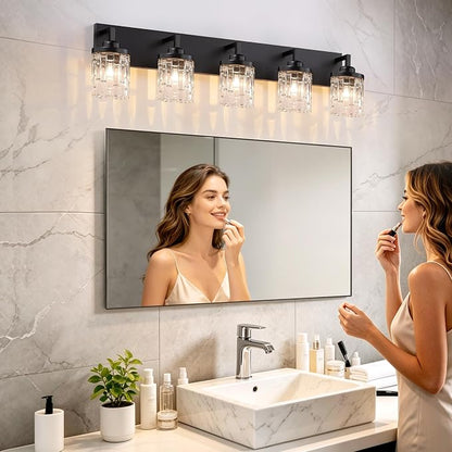 maesta Black Bathroom Light Fixture,5 Light Modern Vanity Light Over Mirror | Modern Vanity Light, Black Metal & Crystal Glass Fixture, Anti-Rust, Easy to Install for Bathroom Hallway Bedroom Entryway