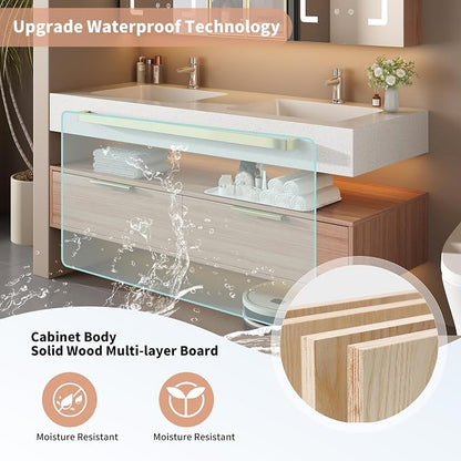 Bathroom Vanity with Sink, 88 inch Double Sink Bathroom Medicine Cabinet with Mirror Defogger, Wall Mounted Touch Dimming Floating Vanity Bathroom Storage