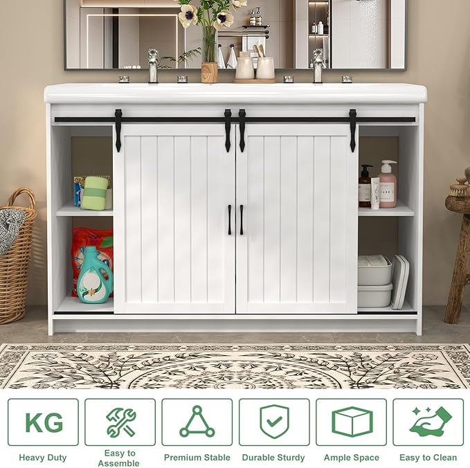 48" White Farmhouse Bathroom Vanity Double Sink, Freestanding Storage Vanity with 2 Barn Sliding Doors, 2 Drawers & 4 Shelves (Actual 47.3" L x 19.7" W x 35.5" H)