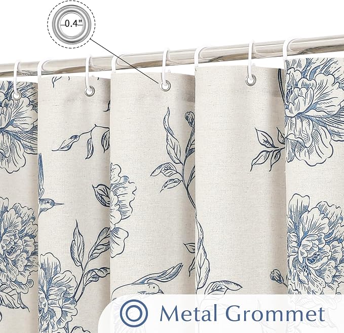 MitoVilla Long Blue Cotton Shower Curtain for Bathroom,72 x 78 | Long BoHo Cottagecore Hummingbird Spring Shower Curtains, Modern Farmhouse Country Floral Bathroom Décor, 72 x 78