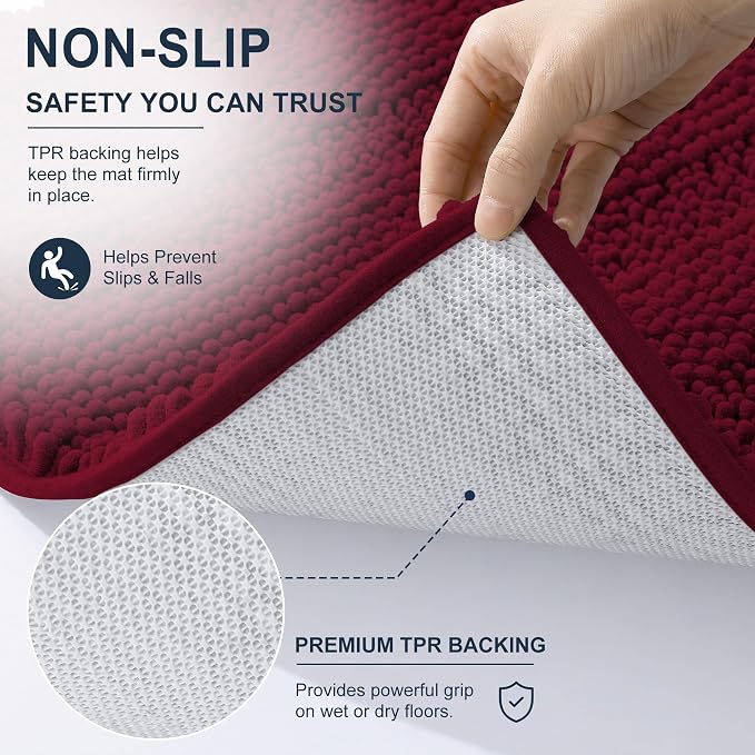Smiry Thick Chenille Bathroom Runner Rugs 47x24, Soft Bath Mat, Burgundy | Quick‑Dry & Machine Washable, Non‑Slip Bath Carpet, Striped Bath Rugs for Tub & Shower, Modern Home Decor Accessories