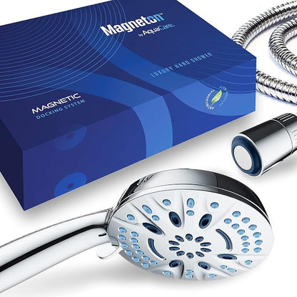 AquaCare Magneton 8-Mode High Pressure Handheld Shower Head with 2 Brackets | Space-age Magnetic Guidance Docking, Giant 5-inch Face with Hygienic Jets, Extra-long 6 ft. Stainless Steel Hose / Chrome