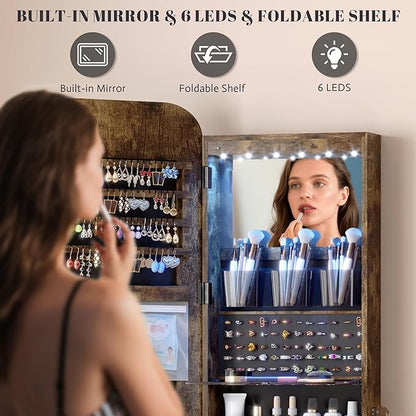Vlsrka 47.2" Wall/Door Mounted Jewelry Cabinet Organizer Armoire W/Mirror | 6 LEDs, Over The Door Hanging Jewelry Organizer with Rounded Corner Mirror, Lockable Full Length Mirror with Storage, Brown