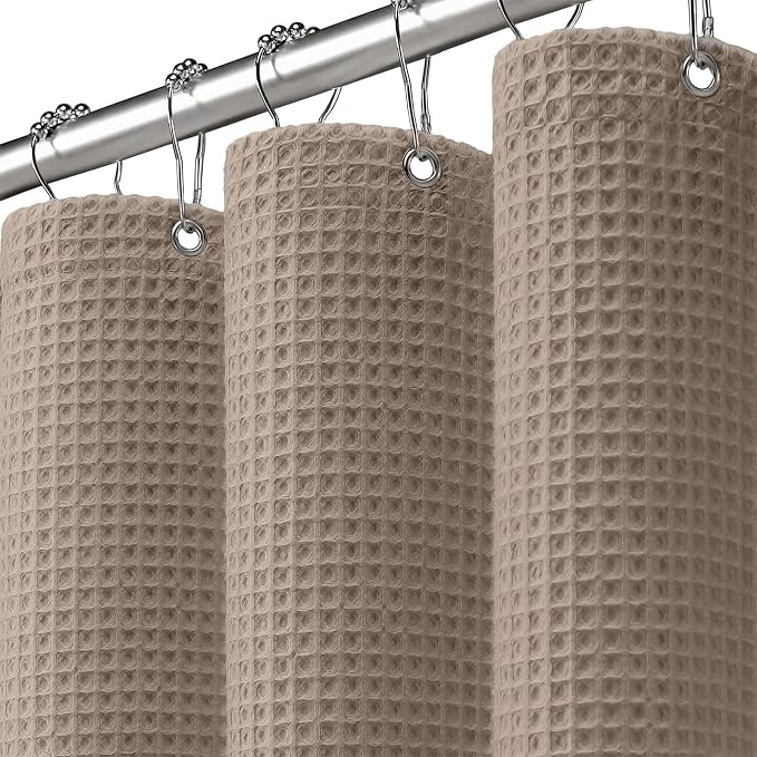 Waffle Weave Shower Curtain Heavyweight Cotton Fabric Beige 72Wx72L | Soft Cotton Cloth,3D Square Truely Waffle Washable, Hotel Luxury Spa, Shower Curtain Set for Bathroom 12 Plastic Hooks
