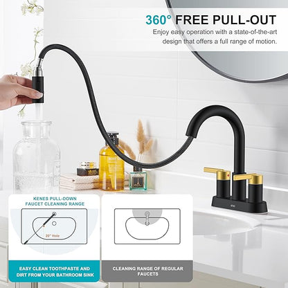 KENES Black and Gold Centerset Bathroom Faucet with Pull Out Sprayer, 4 Inch 2 Handle Pull Down Bathroom Sink Faucet 3 Hole, Bathroom Vanity Faucet with Pop Up Drain & Supply Lines LJ-9069-BG