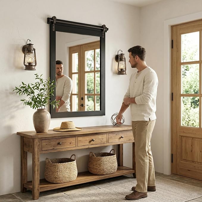 24"x36" Black Wood Grain Barn Door Vanity Mirror with Wood Header | 100% solid wood, HD tempered glass, bronze-tone iron rail; farmhouse vanity mirror for over sink, powder room, entryway