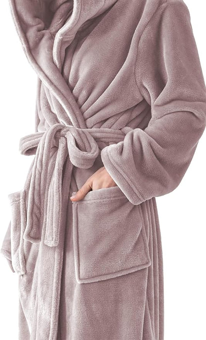 Robes for Women - Hooded Plush Fleece Bathrobe with Sash & Pockets, Full-Length Lightweight Spa Robe