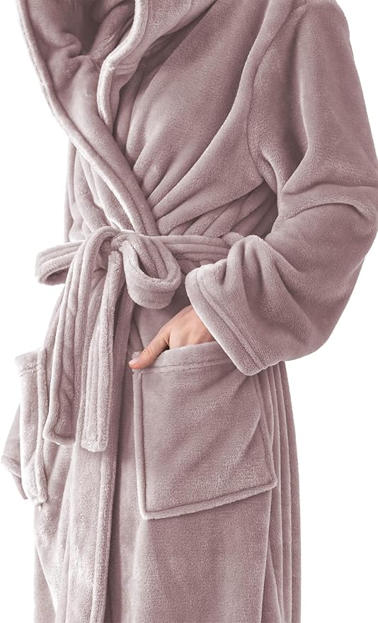 Robes for Women - Hooded Plush Fleece Bathrobe with Sash & Pockets, Full-Length Lightweight Spa Robe