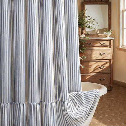 Farmhouse Shower Curtain Ruffle Linen Cream-Blue Stripe 72"W x 90"L | Farmhouse Boho, Striped, Bottom Ruffle, Linen Fabric, Rustic, Country, Natural Look, Washable, for Bathroom Bathtub