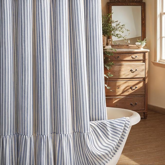 Farmhouse Shower Curtain Ruffle Linen Cream-Blue Stripe 72"W x 78"L | Farmhouse Boho, Striped, Bottom Ruffle, Linen Fabric, Rustic, Country, Natural Look, Washable, for Bathroom Bathtub