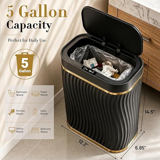 Ogikey Bathroom Trash Can with Lid, 5 Gallon Automatic Touchless Garbage Can, Motion Sensor Smart Trash Bin, Slim Waterproof Waste Bin for Living Room, Bedroom, Office, Kitche