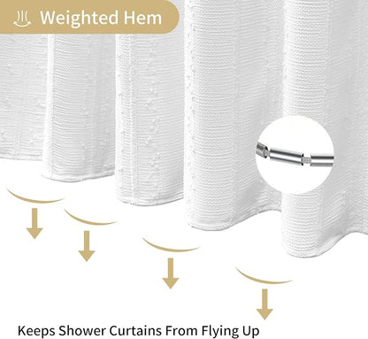 Extra Long White Shower Curtain Boho, 72 x 84 Cotton Blend Waffle Weave Stripe Textured Heavy Duty, Fabric Shower Curtain for Bathroom, Hotel, Washable