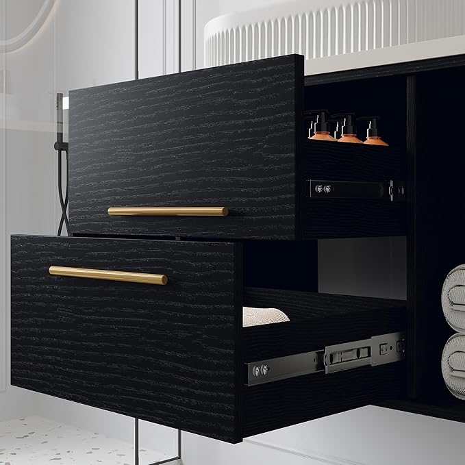 40" Modern Black Bathroom Vanity Floating Bathroom Vanities with Above Oval Ceramic Sink 40-inch Wall Mounted Wooden Bathroom Sink Cabinet with 2 Drawers&2 Open Shelves&Gold Metal Handle
